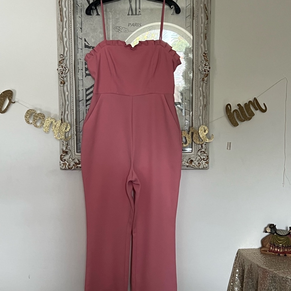 BCBGeneration Mauve Pink Strapless Ruffle Jumpsuit